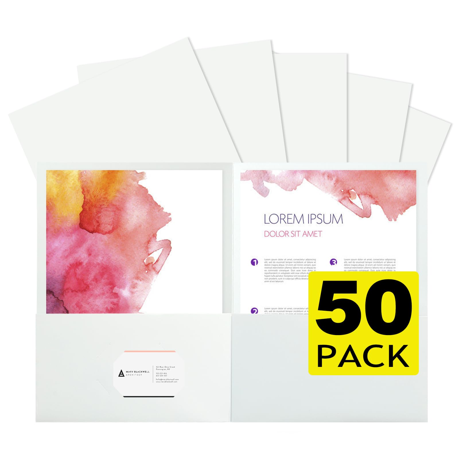 pmybupo 50Pcs White Folders with Pockets and Business Card Holder,2 Pocket Folders for School,Home or Office,Durable Heavy Duty File Folders