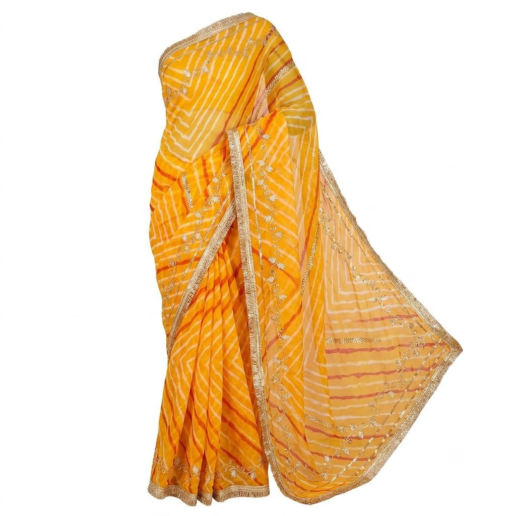 Yellow Leheriya Print Chiffon Saree with Gold Sequin Border | ​This stunning Leheriya/Mothra print saree radiates warmth and festive charm. Featuring a traditional-image-47