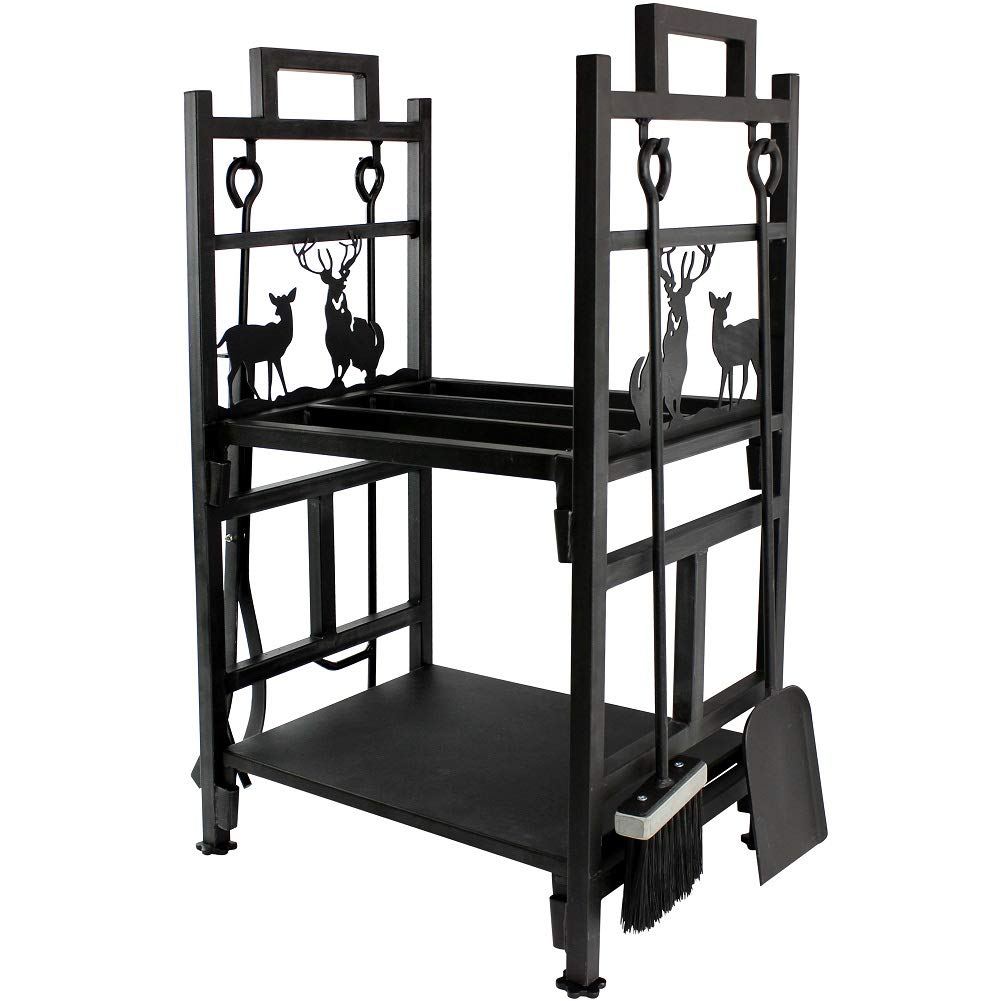 Fireplace Log Holder 2 Layer Iron Fire Wood Rack with 4 Firepit Tools Set - Brush, Shovel, Tong & Hook - No Screws are Required for Lumber Storage Stacking Assembly !