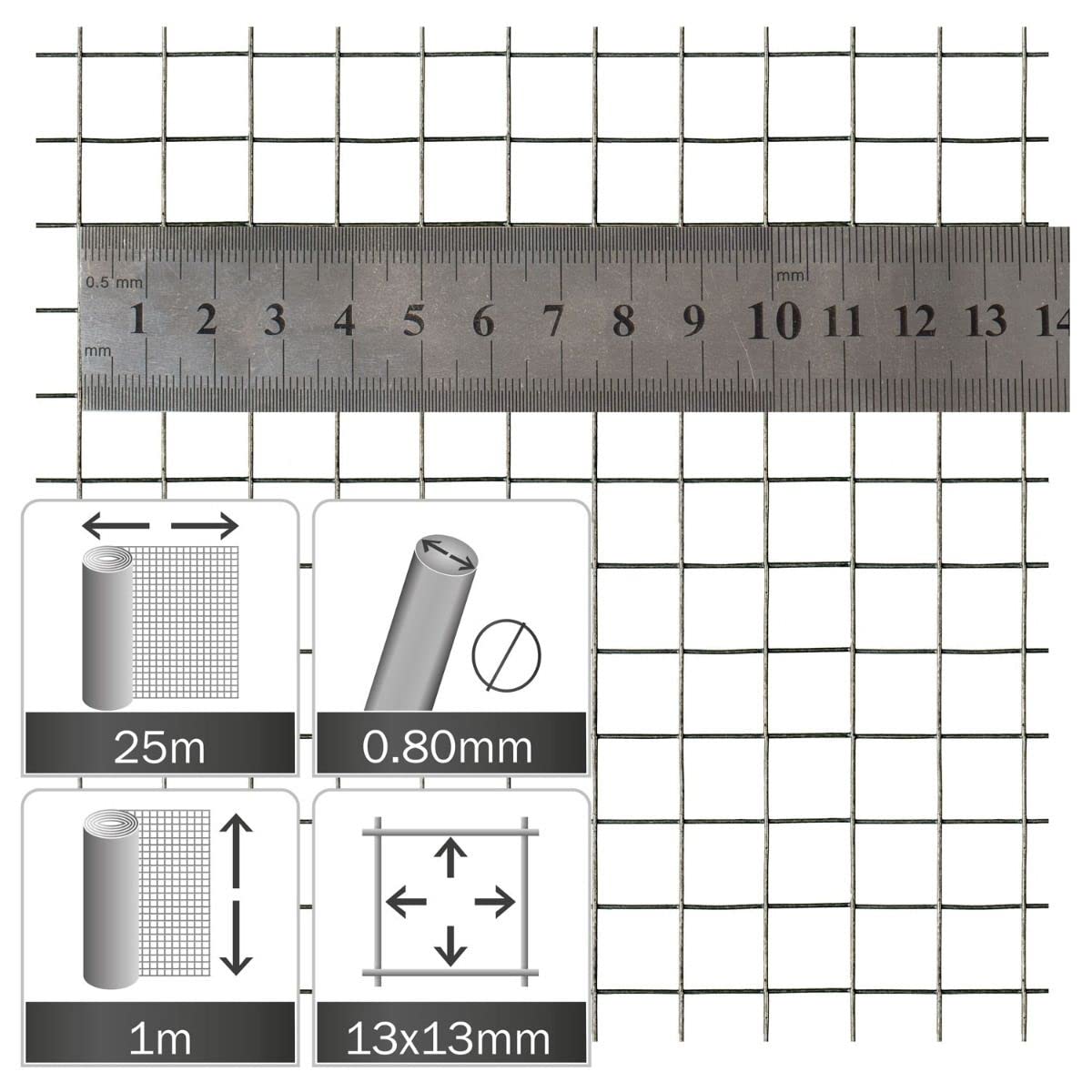 Malla Electrosoldada - Malla Galvanizada para Cerramientos, Jaulas, Pajareras - Luz 13x13x0,80 mm - Rollo 25x1 m - Fácil de manipular