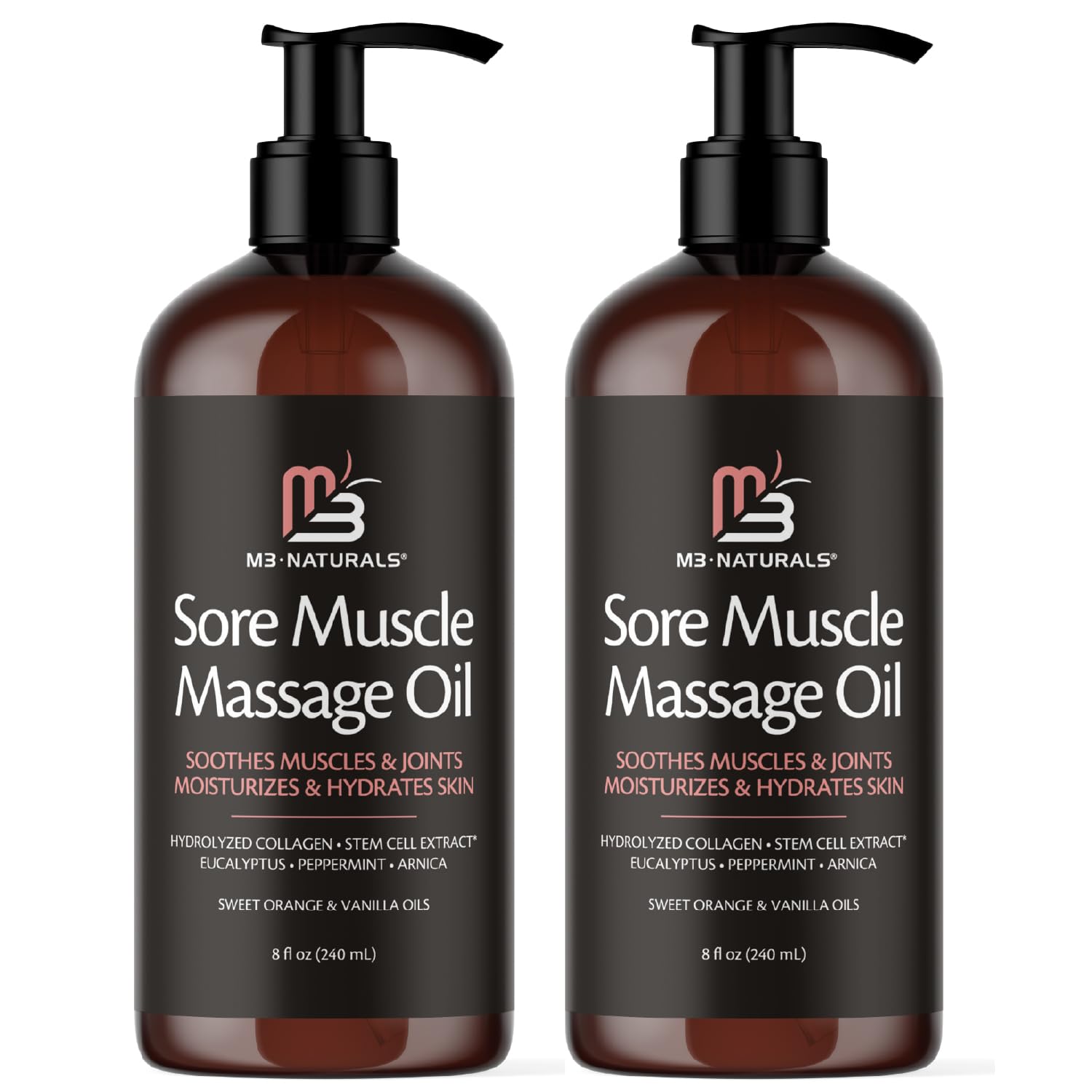 Arnica Sore Muscle Massage Oil for Massage Therapy - with Collagen Stem Cells Arnica and Menthol - Multipurpose Instant Absorption Full Body Massage Oil by M3 Naturals (Pack of 2)