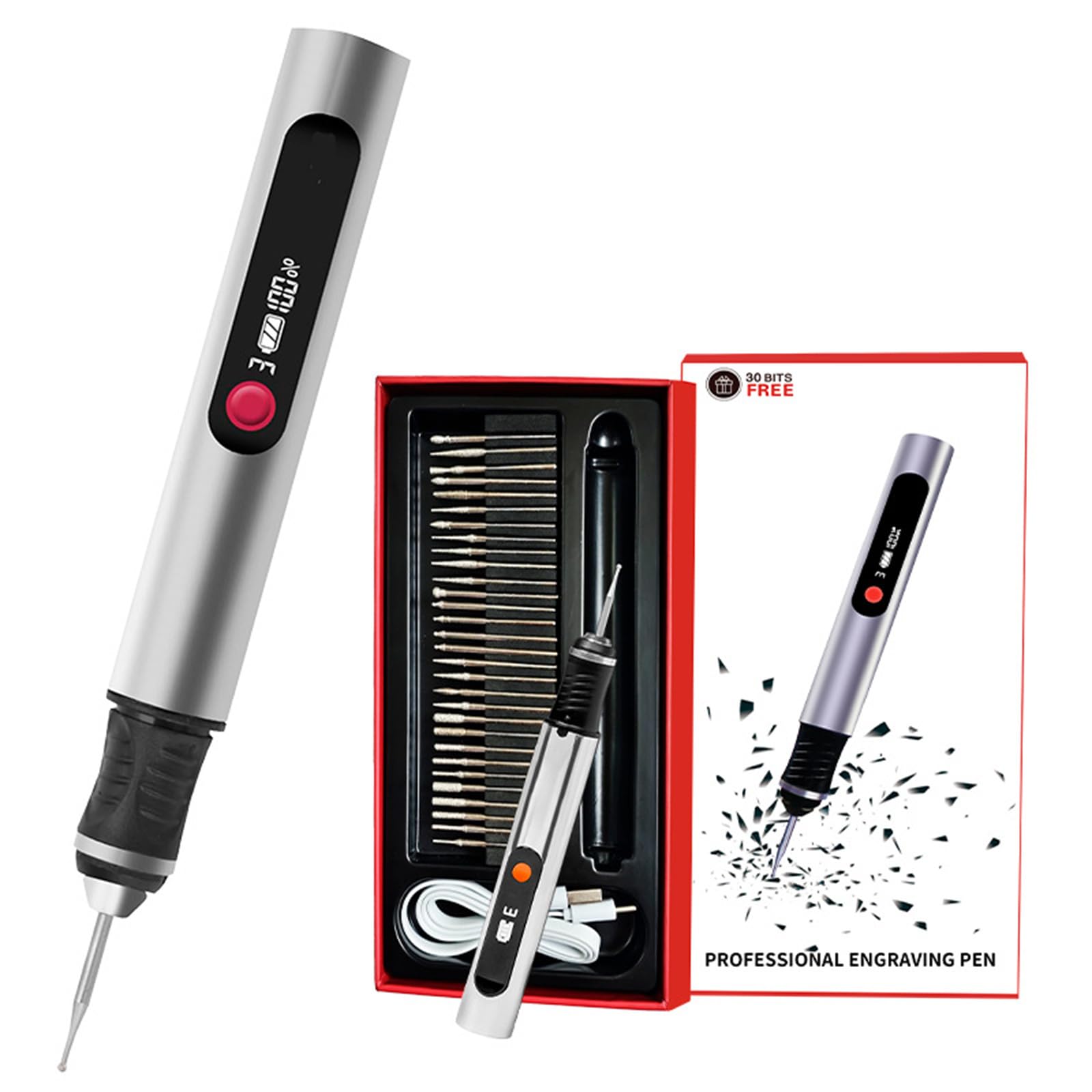 Tenovia Kit Complet de Gravure Électrique – Le Graveur Mini outil de gravure portable, livré avec 30 têtes de gravure et 5 gabarits, adapté aux créations DIY sur métal, bois et verre