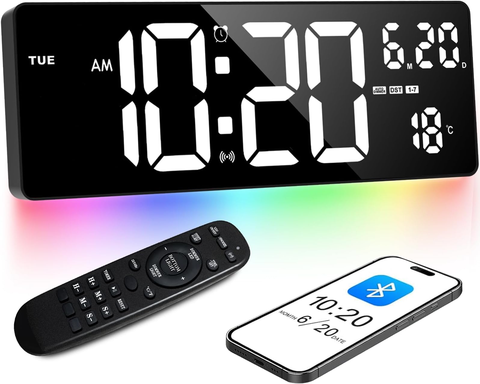 XREXS 16.5" Digital Wall Clock Bluetooth White Screen and Multi-Coloured Ambient Light – Displays Time/Temp/Calendar/Stopwatch/Alarm – Ideal for Living Room/Kitchen/Office