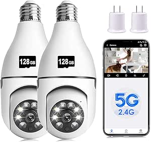 Light Bulb Security Camera, 1080P 2.4G&5G Light Bulb Camera Built-in 355° PTZ&Night Vision&Motion Detection Light Socket Camera Compatible with Alexa&Google Assistant (2.4G&5G with 128GB SD Card) asin的图片