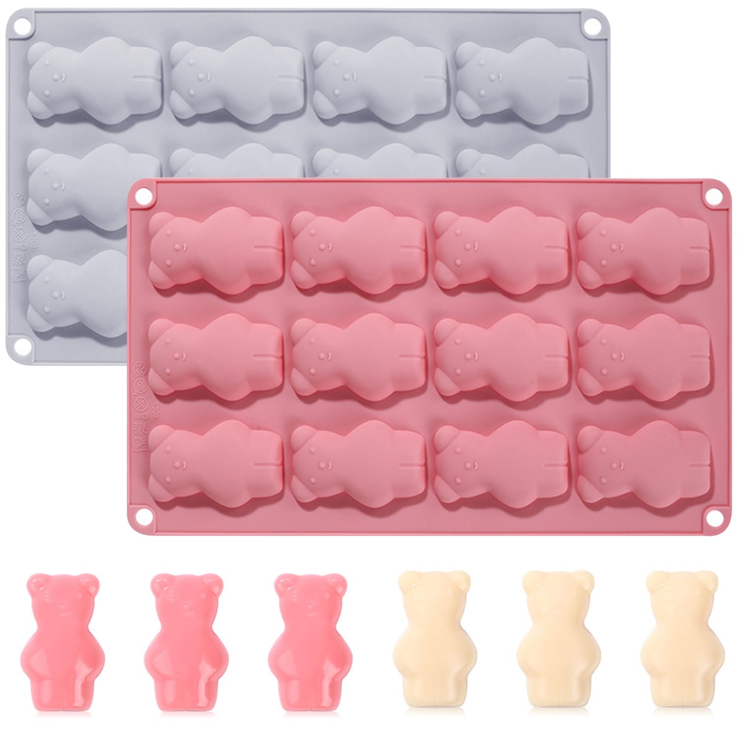 2 Pack Mini Gummy Bear Moulds, 12-Cavity Bear Shape Silicone Chocolate Molds, Candy Silicone Molds, Mini Jelly Molds, for Candy Chocolates Gummy (Pink + Blue)