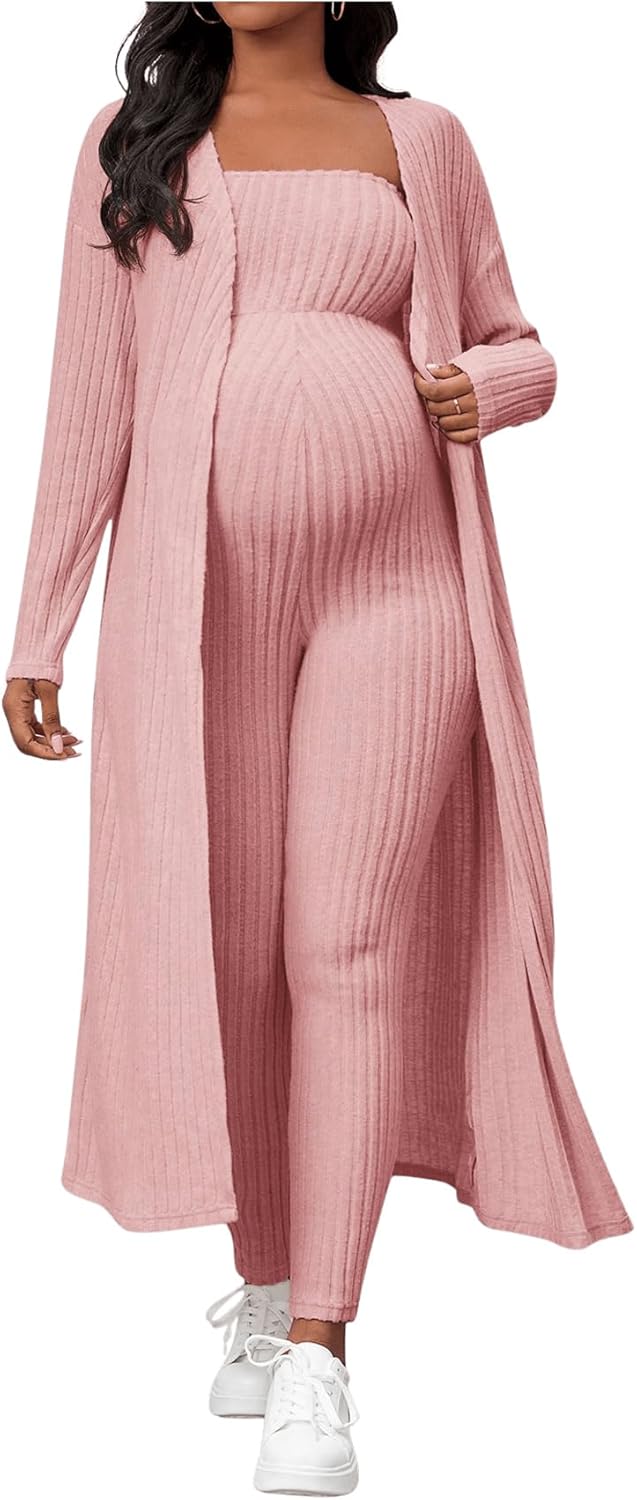 Women's Maternity Ribbed 2 Piece Outfit Strapless Skinny Leg Jumpsuit and Long Sleeve Cardigan Set