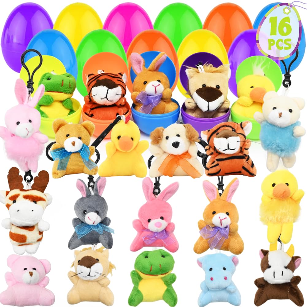 DINESIL 16 PCS Easter Eggs Filled with Mini Plush Animal Toys, Stuffed Animals Plush Keychain Set for Kids Easter Party Favors, Easter Basket Stuffers Fillers, Easter Egg Hunt, Easter Classroom Prize