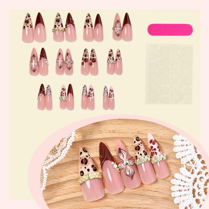 Long Almond French Tip Fake Nails with 3D Flower Design