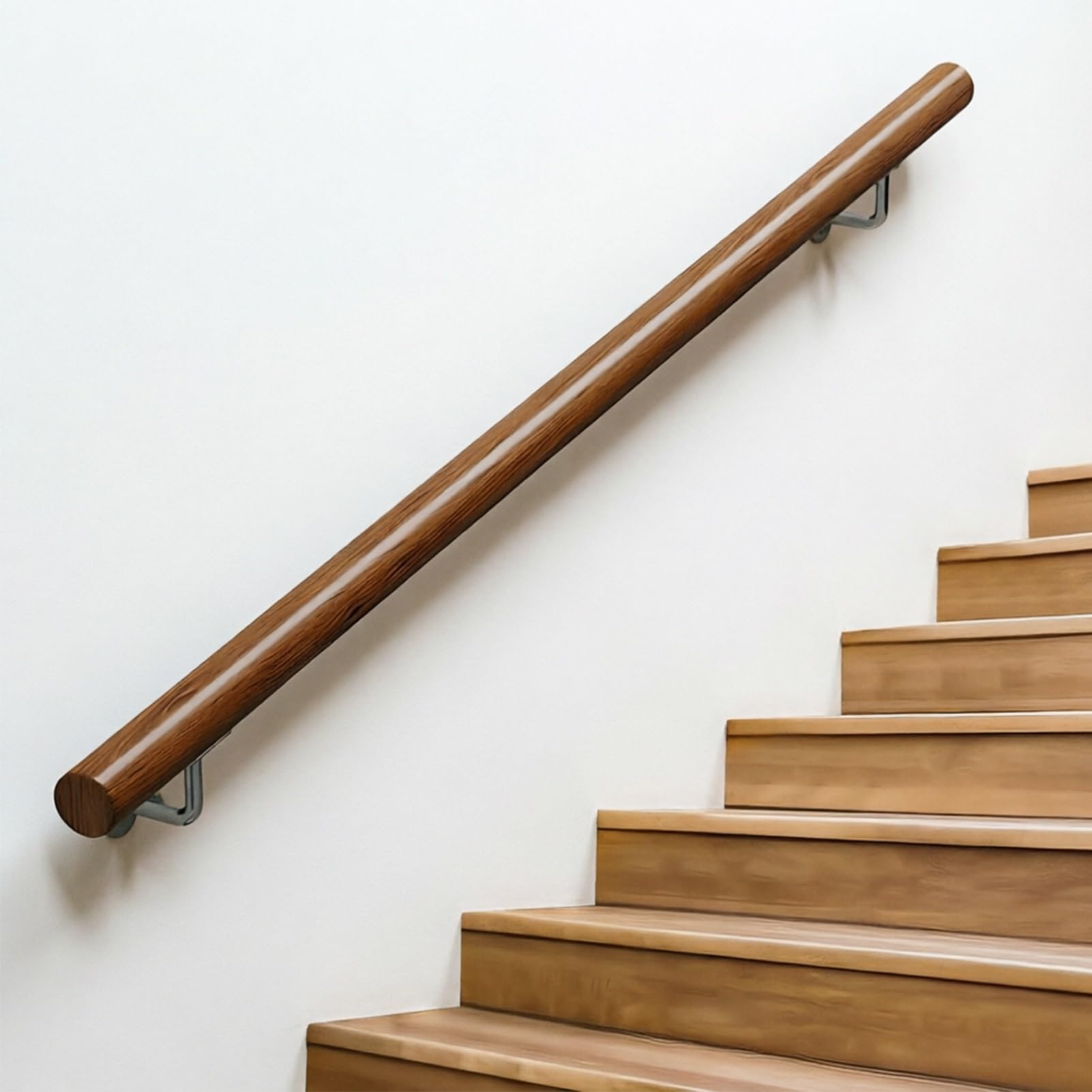DMCHENGMA Wall-Mounted Solid Wood Grab Bar - Safe Round Stair Railing with Brackets for Elderly, Children, Basement & Garage Steps(13ft/390cm)