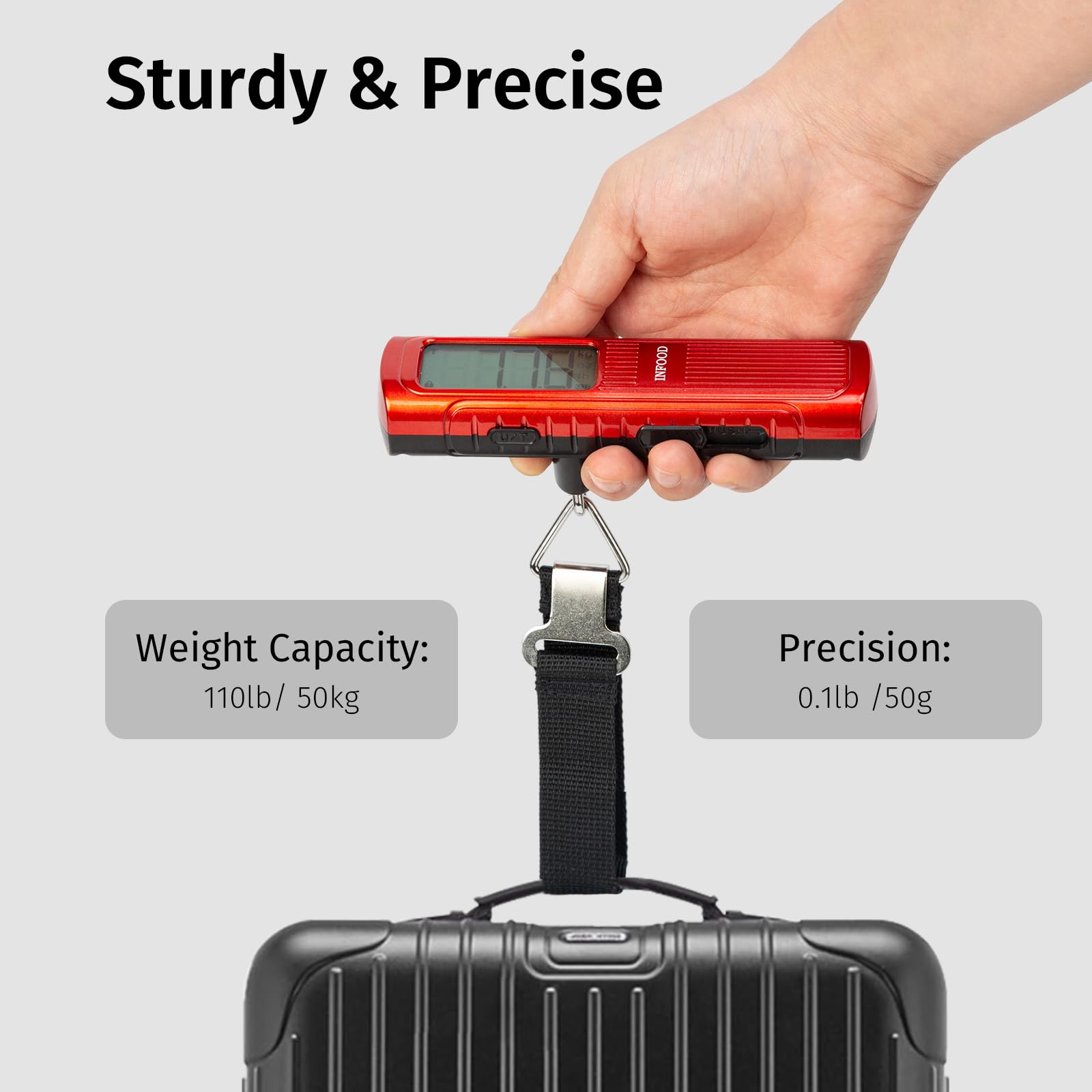 Infood Báscula digital de equipaje sin batería, báscula de peso de maleta con gancho y pantalla LCD para viajes, capacidad de 110 libras/50 kg, color rojo