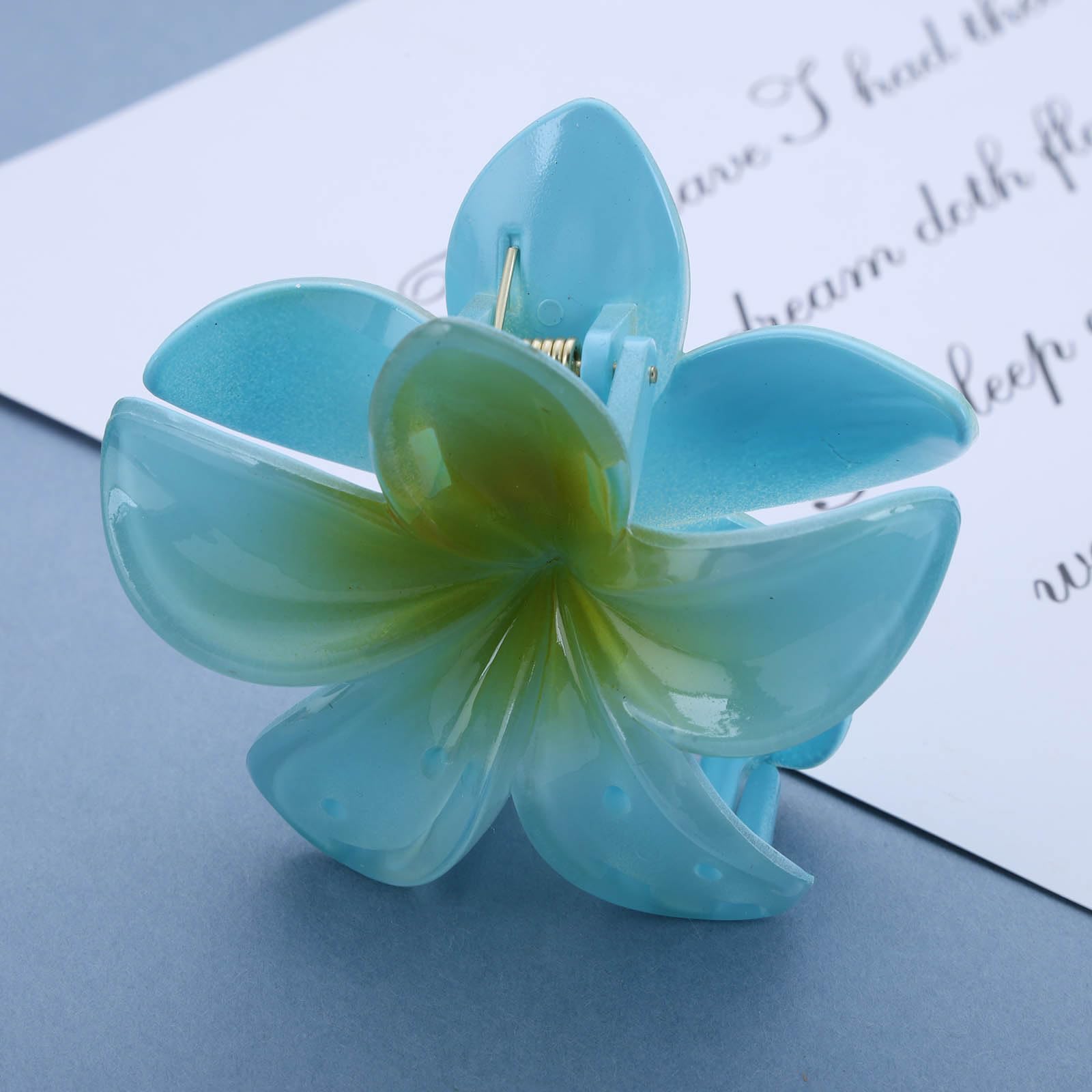 Enautoabs Large Flower Hair Claw Hairclip Hawaiian Plumeria Hairclip Claw Summer Beach Tropical Hair Barrette Cute Acrylic Flower Claw Clip Jaw Clamp Decorative Hair Accessories(Blue&Green) - Image 4