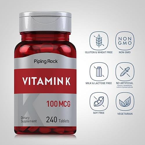 Miniatura 3 de Piping Rock Vitamina K | 100 mcg | 240 tabletas | Suplemento para mujeres y hombres | como fitonadiona | Vegetariano, sin OMG, sin gluten