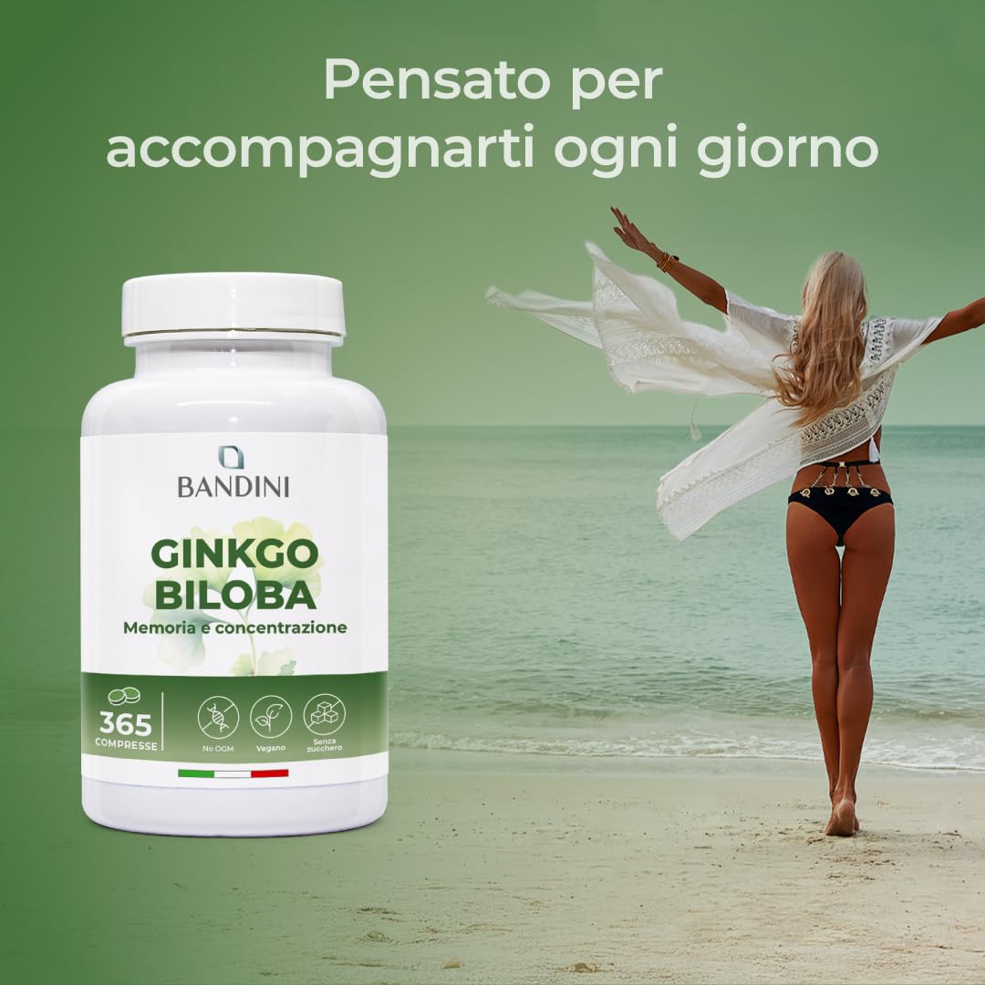 Bandini® Ginkgo Biloba 6.000mg, 365 Compresse (1 Anno di scorta) Estratto 50:1 di Ginko Biloba con Glicosidi Flavonici e Lattoni Terpenici, Gingko Integratore Nootropico 100% Vegan, Senza OGM