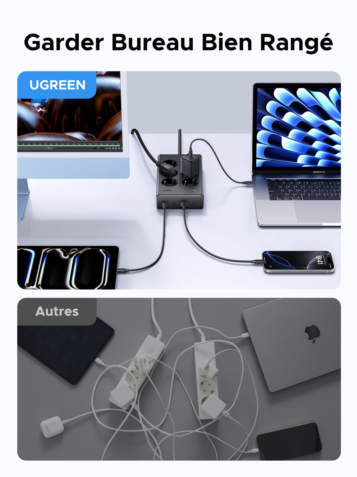 UGREEN 10 en 1 Multiprise avec Interrupteur 3680W 6 Prises AC 4 USB Bloc Electrique Contre Surtension USB C PD 20W Rallonge 1.5M Bureau Maison Noir Compatible avec iPhone 17 16 Galaxy S26 S25 MacBook