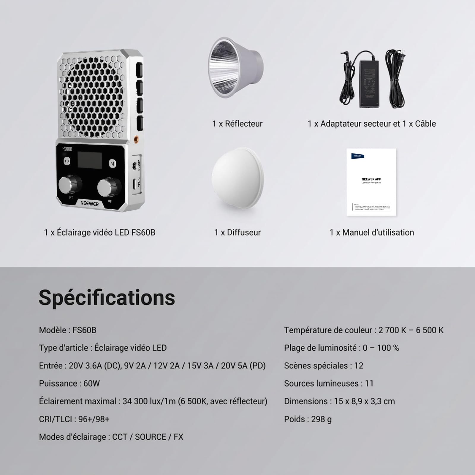 NEEWER FS60B Lampe LED Bicolore 60W Compacte avec App/Panneau