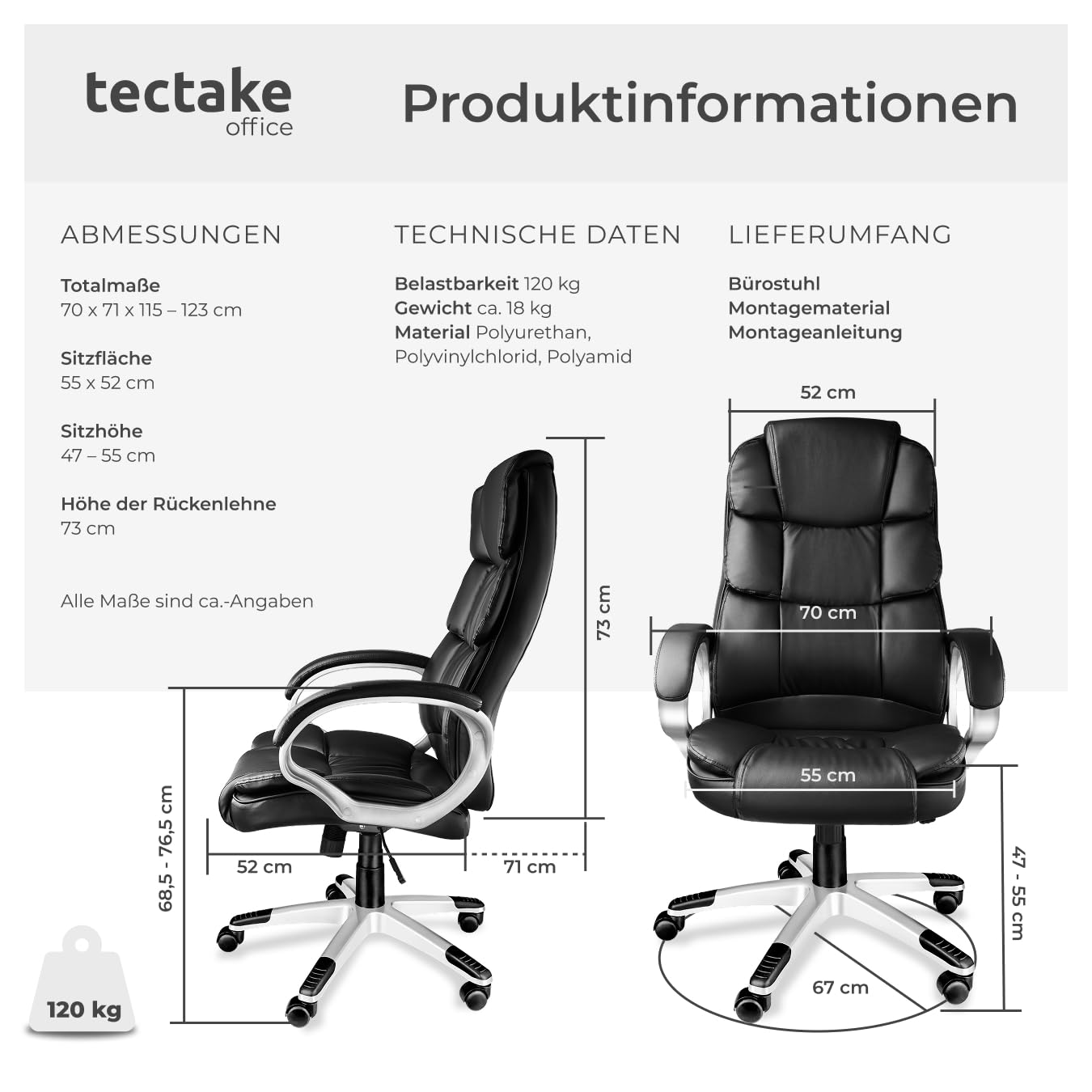 tectake® Chefsessel, Bürostuhl mit 12 cm Polsterung, Schreibtischstuhl mit Armlehnen & Wippfunktion, ergonomischer Bürostuhl, höhenverstellbar, PC Stuhl, Drehstuhl mit Rollen in Lederoptik - schwarz