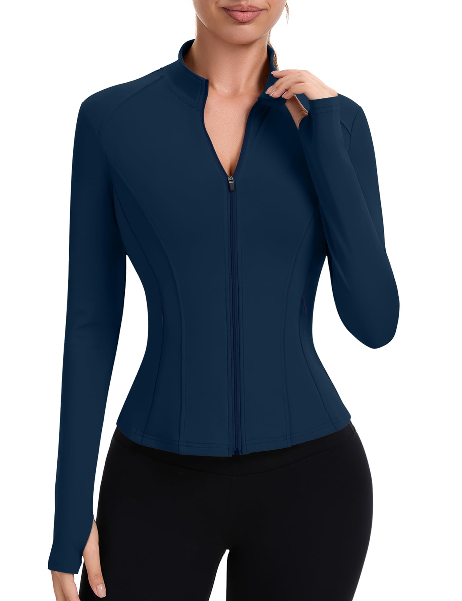 IECCP Sportjacke Damen Langarm Laufjacke Sportshirt Funktionsshirt Taschen Trainingsjacke Laufshirt Sport Oberteil Gym Yoga Tops mit Reißverschluss und Daumenloch