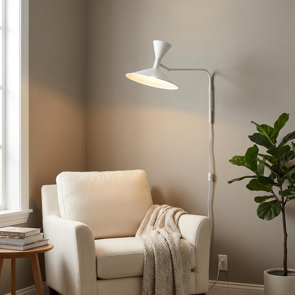 BARCELONA LED Lampada da Parete Industriale Grande 40 cm, Applique a Braccio Articolato, Stile Vintage e Moderno, Paralume in Metallo Bianco Interno Bianco, per Ristorante, Scale e Camera