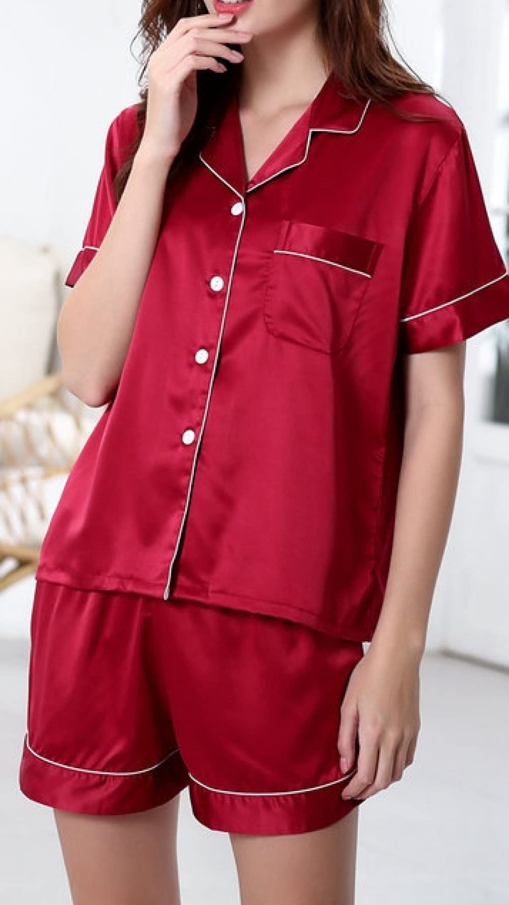 Pijama De Mujer Manga Corta,Vino Rojo Botones De Solapa Pijama De Manga Corta Para Mujer Conjunto De 2 Piezas Pijama De Mujer Suave Y Cómodo Ropa De Salón Regalo Del Día De La Madre Para Esposa N
