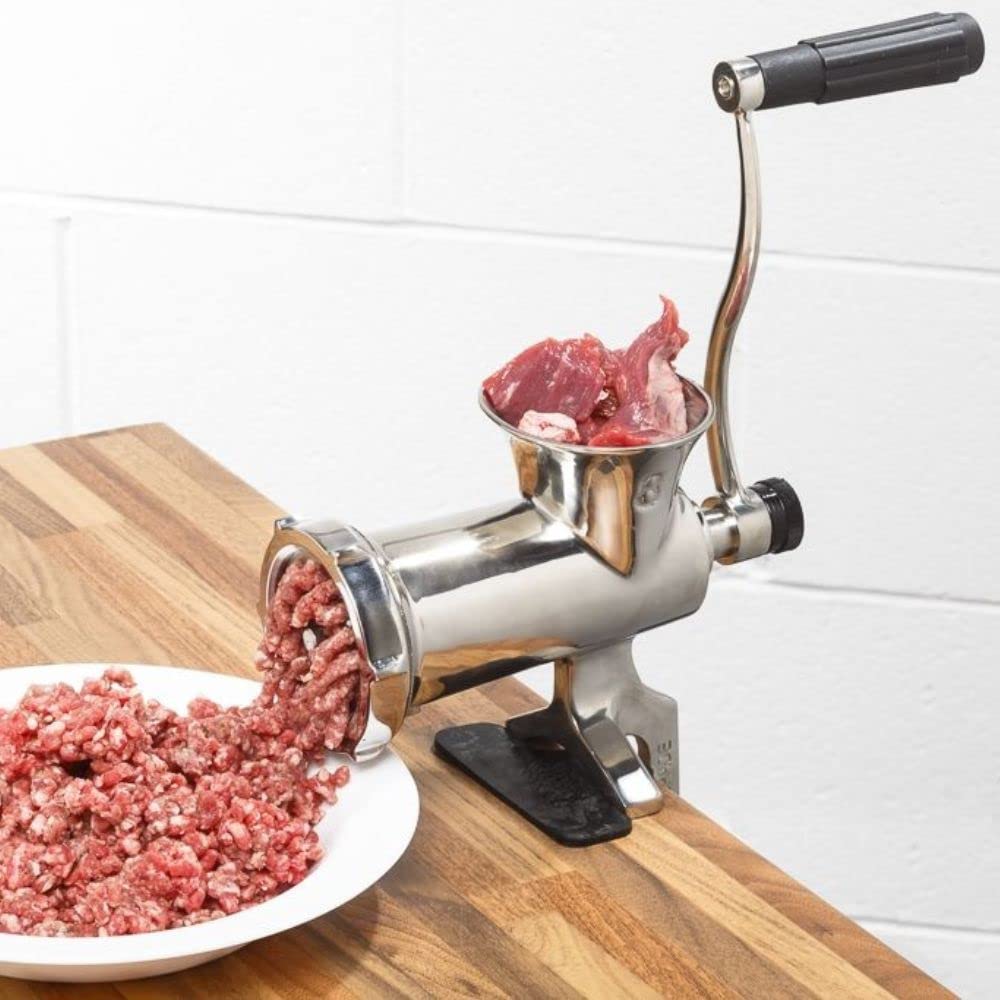 TreSpade TC-8 INOX ręczna maszynka do mielenia mięsa ze stali nierdzewnej z dyszami do produkcji kiełbas i płytą