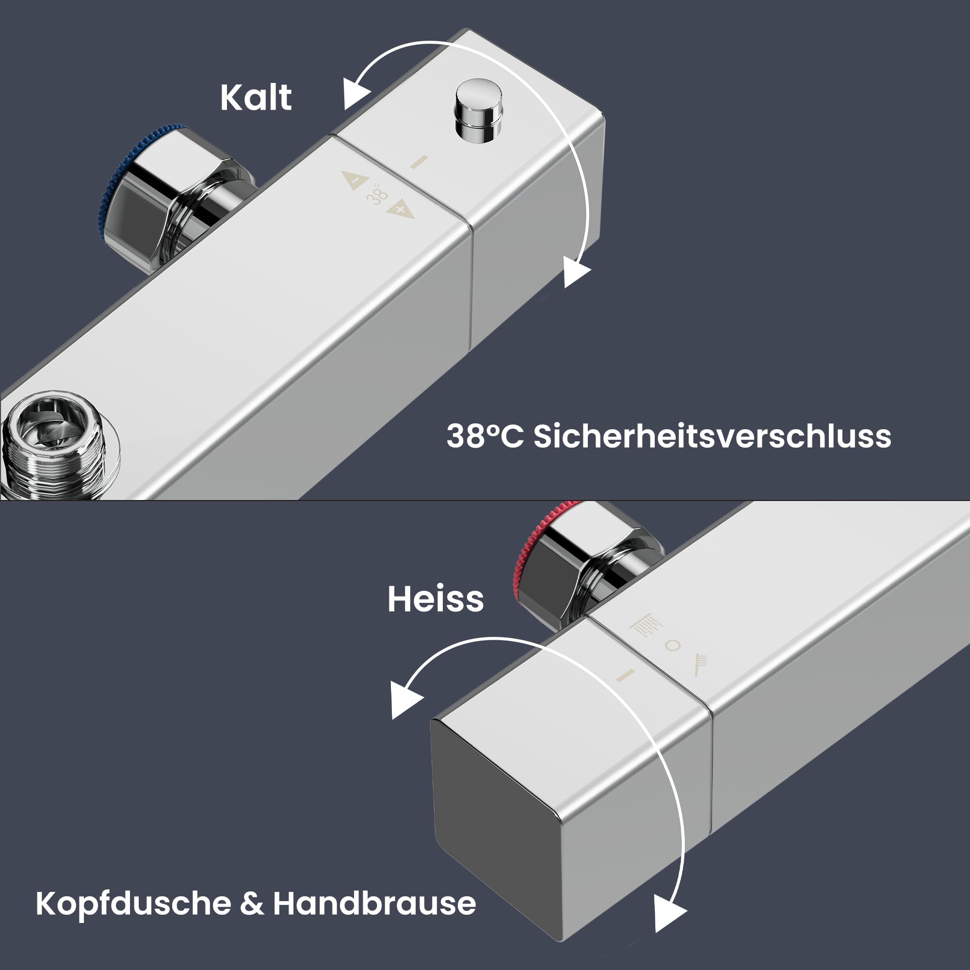 Garvee Duschsystem mit Thermostat Chrom, Duschset Regendusche Duschgarnitur Komplettset mit 304 Edelstahl Kopfbrause Armatur, 3 Strahlarten Handbrause, Duschstangen (Eckig 25x25cm)