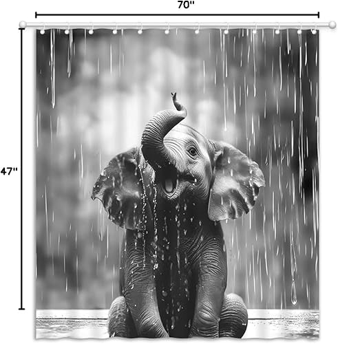 Miniatura 8 de Cortina de ducha con diseño de elefante, diseño de animales salvajes, diseño de gotas de lluvia, tela gris, decoración de baño, con ganchos