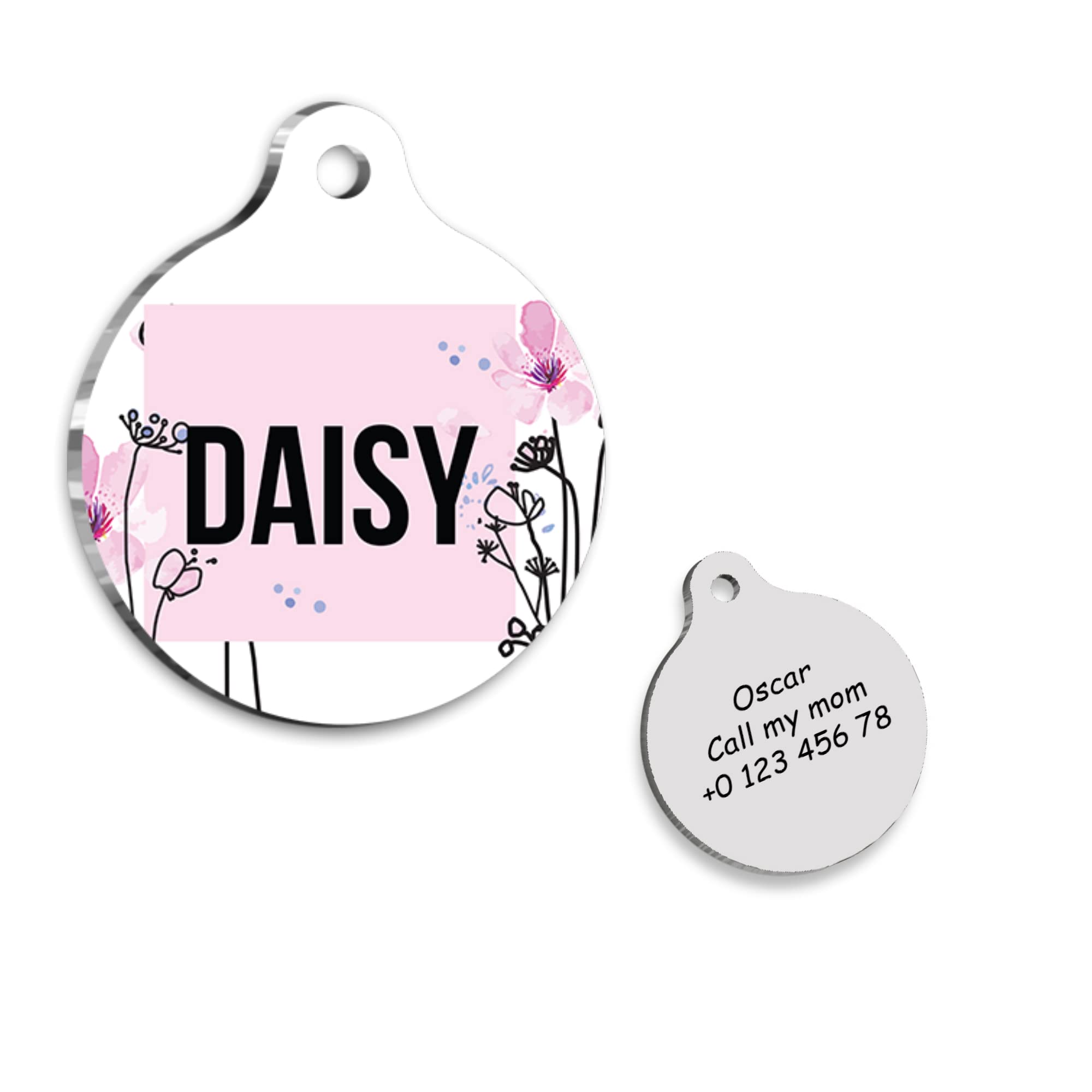 Pink Flowers Personalized Dog Tag - Custom Name Tag - ID Tag for Dog & Cat - Customized Pet Tags - Dog Name Tag - Cat Name Tag - Engraved Dog Tag