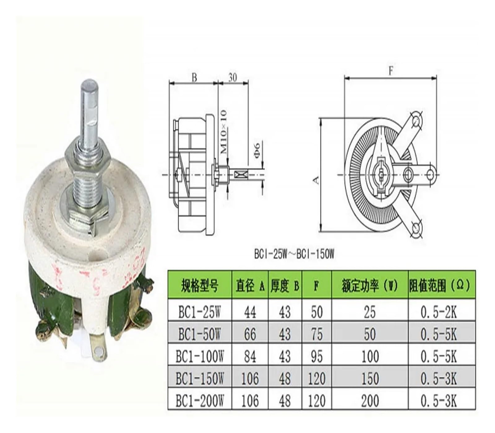 Reóstato de Alta Potencia BC1 de 200W, Alambre Variable Giratorio Enrollado, Forma de Disco, Resistencia Ajustable Deslizante 1R