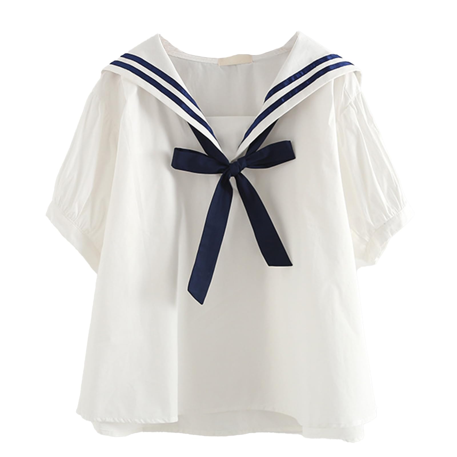 CORIRESHA Women's Preppy Style Short Sleeve Sailor Collar Blouse Bow Knot Summer Casual Loose Shirt One Size 1 White Shirt&blue Bow