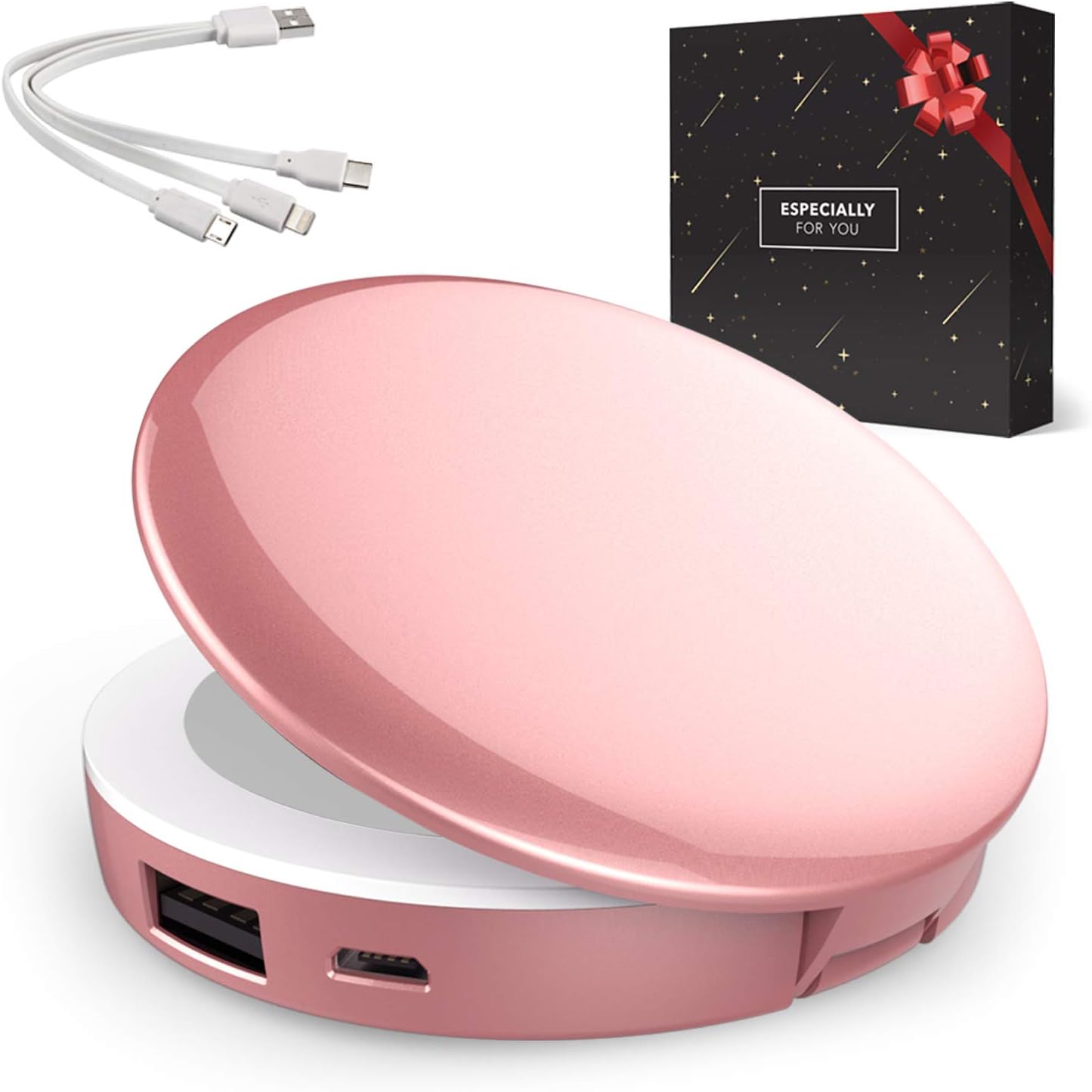 Powerbank Rose Pocket Mirror LED Lighting Make-Up Mirror Cosmetic Mirror for iPhone Samsung Gifts Girls Funny Gifts Gifts for Women (Rose Gold)