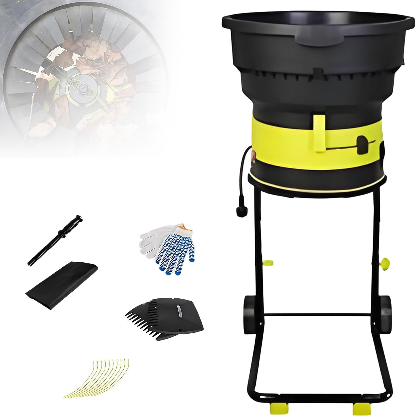 Biotrituratore Elettrico Tritafoglie 2500w trituratore rami e foglie,Velocità a Vuoto 8000giri/Min,Diametro Tramoggia 54cm,Rapporto di Triturazione 17:1,Tritafoglie da Giardino con Ruote noPowercord