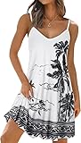 elescat Womens Summer Dresses Spaghetti Strap V Neck Casual Sleeveless Sundress Beach Cover Ups with Pockets (White Coconut Tree, L)