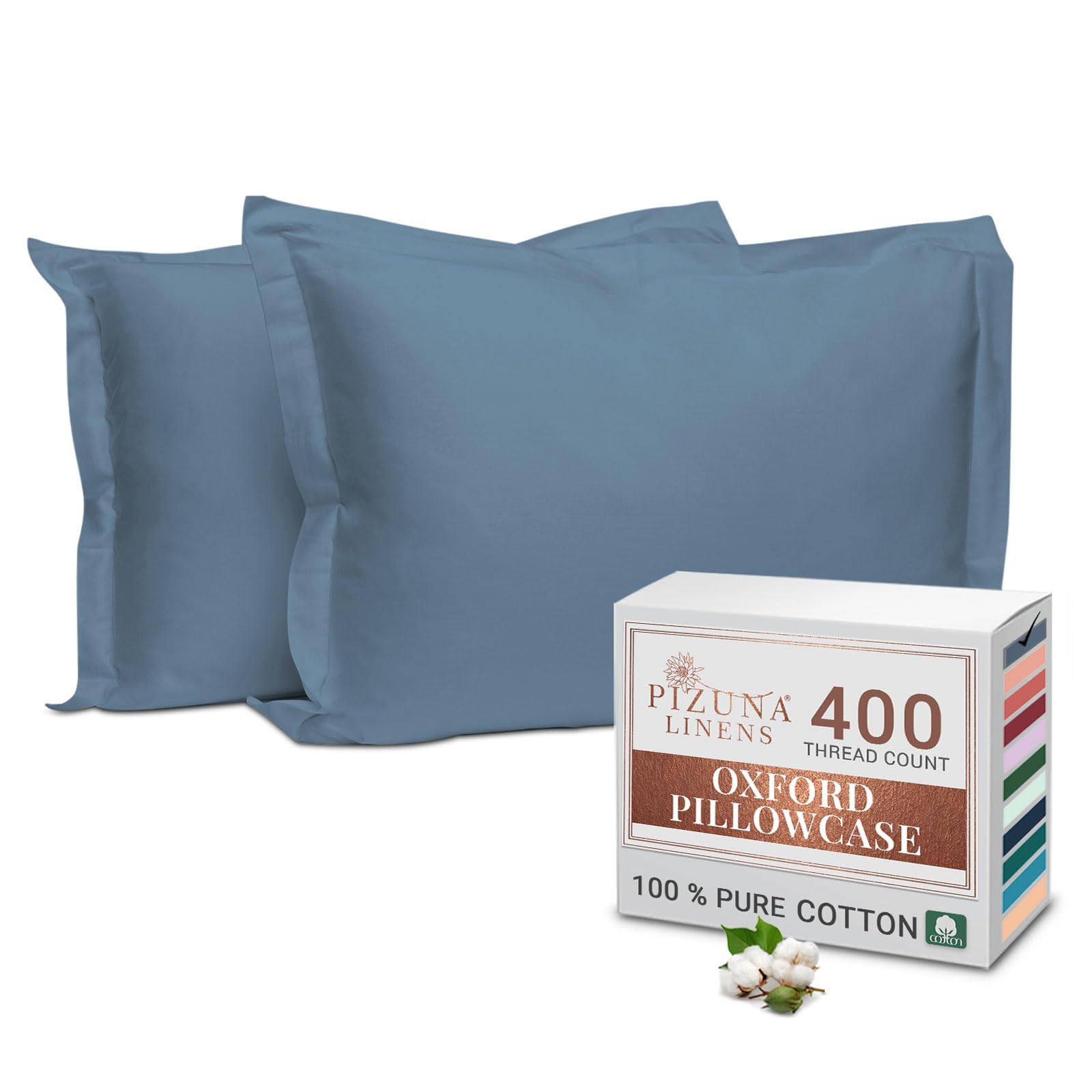 Pizuna 100% Cotton Standard Pillowcases 2 Pack White 50x75cm, 400 Thread Count Long Staple Combed Cotton Soft Pillow Cover, Sateen Weave Oxford Pillow Cases (Cooling Pillowcase 2PC) — view 70