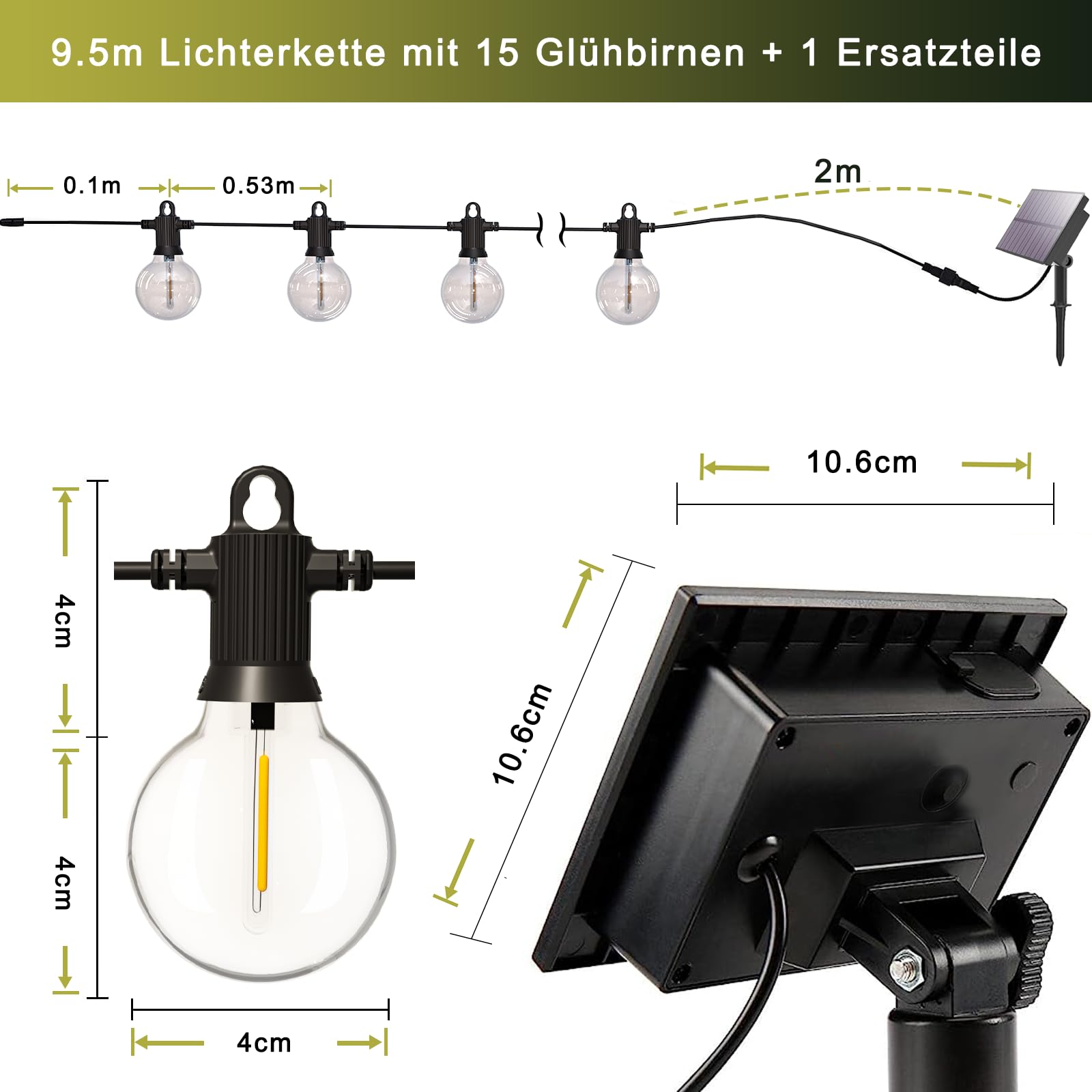 Kawaya Zewnętrzna solarna girlanda świetlna 10 m, G40, akumulator, 5 trybów oświetlenia, łańcuch świetlny Ip65, wodoodporna, z 15 + 2 żarówkami o ciepłej bieli na balkon, taras