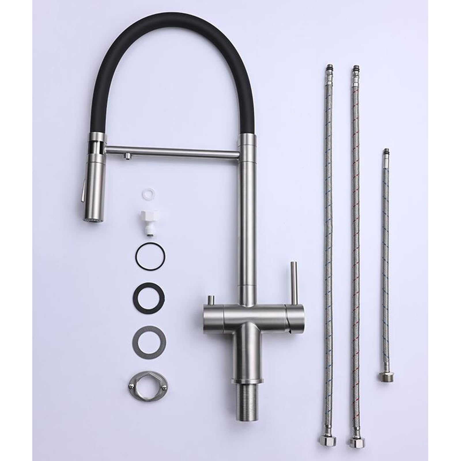 Grifo Mezclador de Cocina y baño Moderno de 3 vías, Giratorio, 2 manijas, Fregadero de Acero Inoxidable, Filtro de Agua Caliente y fría, Oro Cepillado.