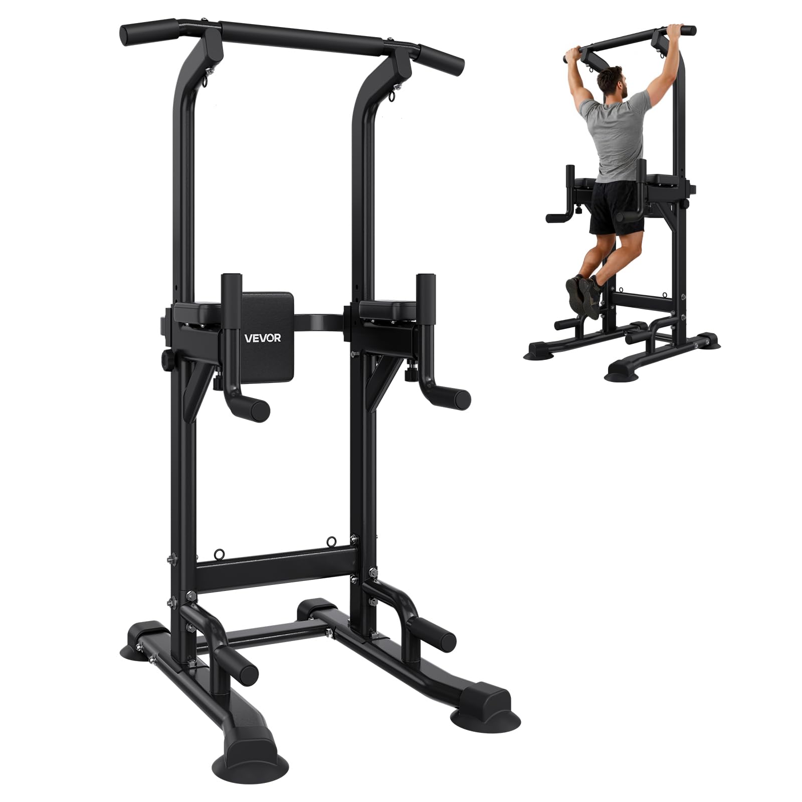 VEVOR Pull Up Bar, 330 LBS Power Tower Dip Station, Workout Dip Station with H-Shaped Stable Base & Back Pad, Adjustable 12 Level Height Free Standing