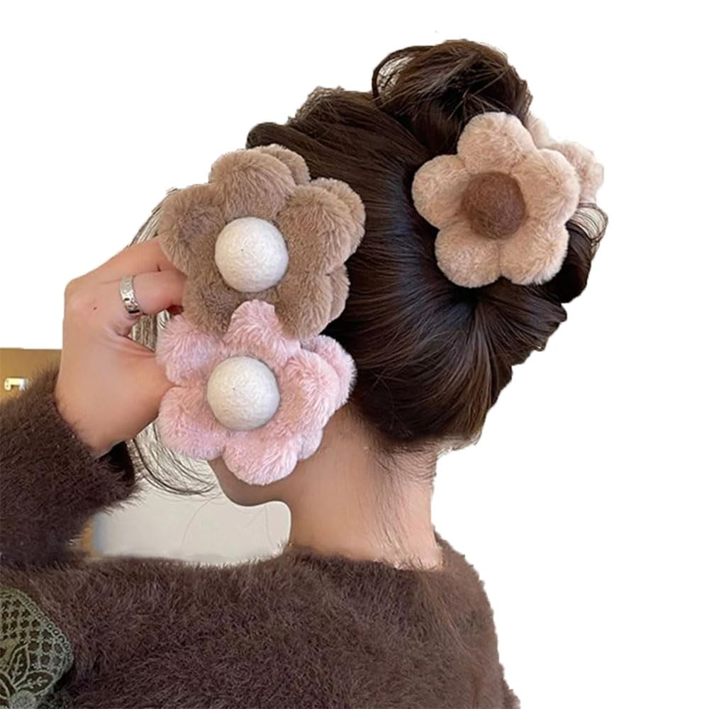Soft Plush Flower Hair Claw Clip for Women & Girls | Cute Fur Floral Bun Holder | Strong Grip Hair Accessories for Daily & Winter Wear-image-10