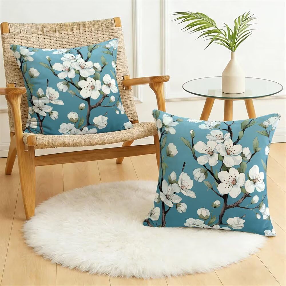 Federe Cuscini Divano 60x60 cm Federe Morbido Copricuscini Blu in Velluto, 2 Pezzi Copri Cuscini per Divano Primavera Decorativi Federa Cuscino Fiori Bianchi per Camera da Letto Soggiorno (IU49)