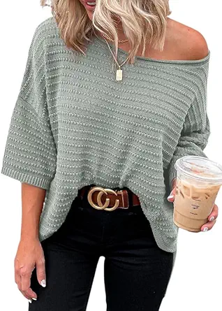 Dokotoo Women's Casual 3/4 Sleeve Loose Tunic Tops Lightweight Knit Fall Pulover Sweater Blouses