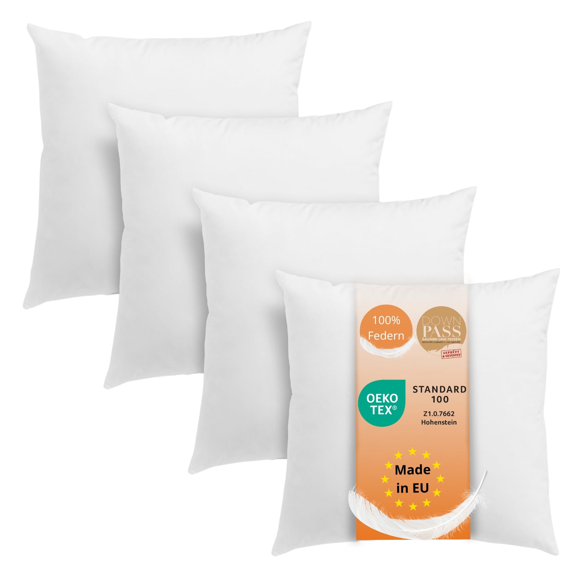 sleepling 193915 Lot de 4 oreillers en Plumes | 100% Coton | Coussins pour canapé | Lavable à 60 °C | Certifié Ökotex 100 et Downpass | Fabriqué en UE | 50 x 50 cm, Blanc