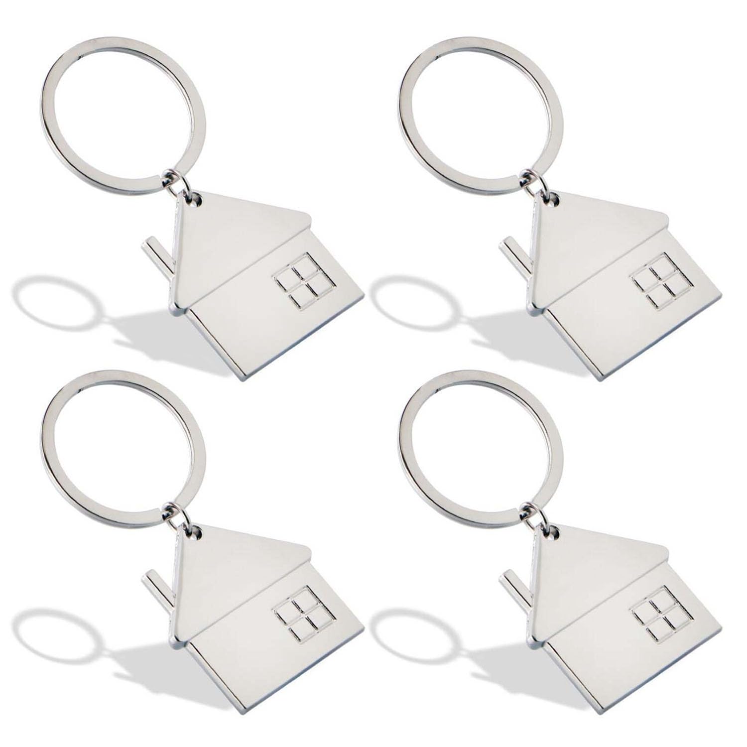 EUPSIIU 4-Piece Home Keychain Set, Zinc Alloy Keyrings, House-Shaped Keychains, Creative Pendant Keychains for New Home Housewarming Celebration Gifts (Silver)