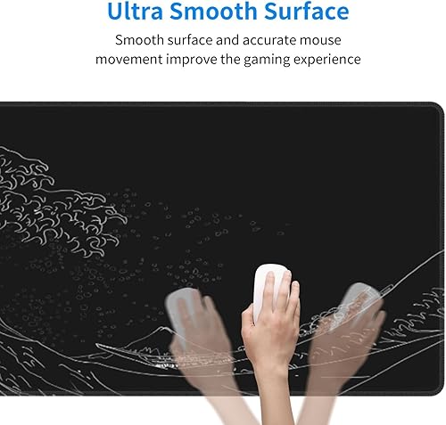 Miniatura 3 de Kanagawa - Alfombrilla de mouse japonesa para juegos, color negro, grande, base de goma antideslizante, impermeable con bordes cosidos, para juegos,