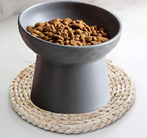 Kitchenlestar Small Ceramic Raised Cat Bowls, Tilted Elevated Food Or Water Bowls, Stress Free, Backflow Prevention, Dishwasher And Microwave Safe, Lead & Cadmium Free(Grey) #TOP4