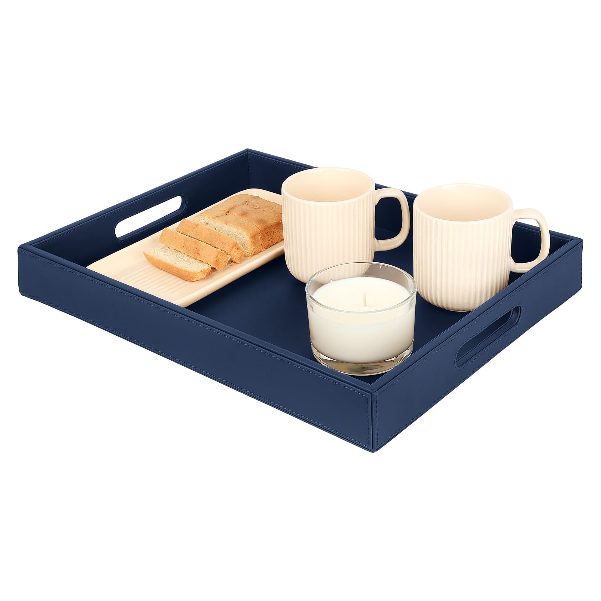 v-cube designs premium vegan leather rectangular tray for serving – 16 x 12 inch - stylish & modern decorative serving trays for kitchen, dining room, coffee tea table & home décor – mdf core - blue