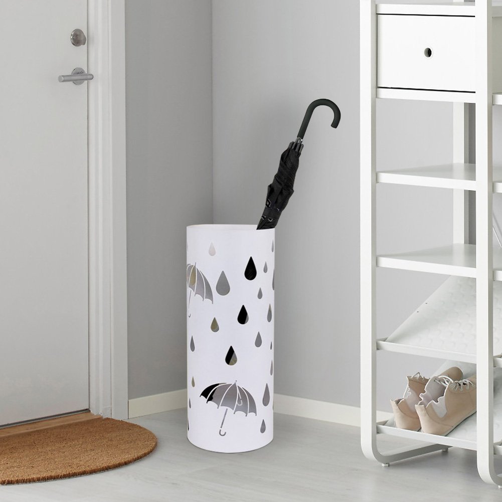 Porte-parapluies Design En Métal Noir - Forme Ronde Avec Décoration Parapluies Et Gouttes, Bac Récupérateur D'eau Inclus
