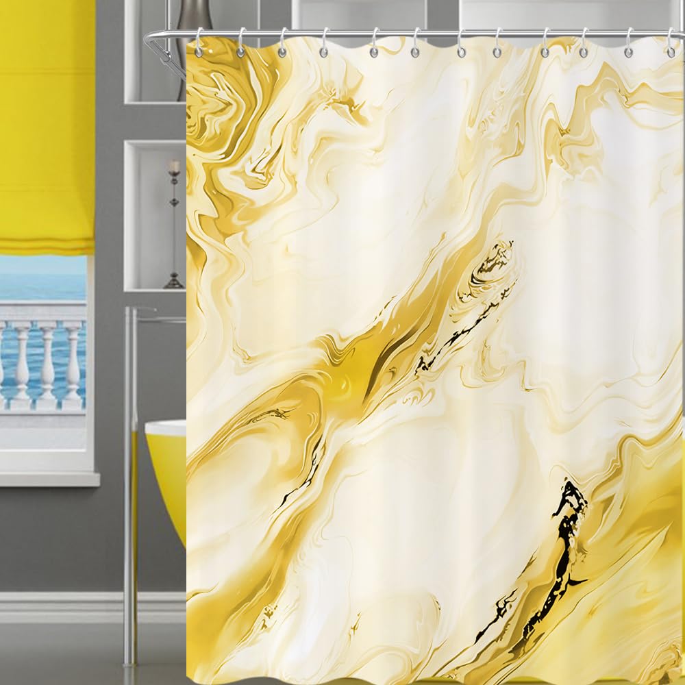 GCIREC Shower Curtain, 180x180cm, Yellow Modern Abstract Art Watercolor Marble Gradient Waterproof Fabric Machine Washable Bathroom Curtain with Hooks — image 1
