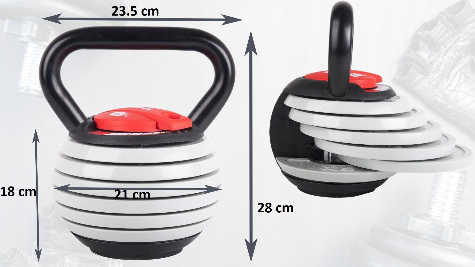 Regulowany Kettlebell, Żeliwny z ABS, 3,5-18,1 kg, 6 Talerzy Obciążeniowych, 28 cm Wysokości, Czarny, Model FIT-954