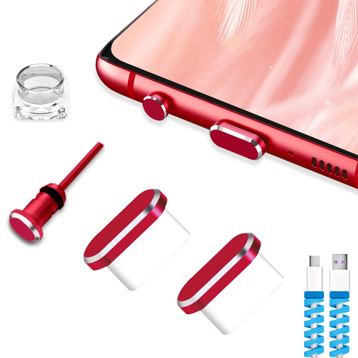 VIWIEU USB C Dust Plugs Charging Port Cover Caps with Cable Protectors 2 PCS Compatible with iPhone 16 15 Pro Max Samsung Galaxy S25/S24/S23/S22/S21/S20+ Ultra/Z Flip 6/Z Fold 6 Pixel OnePlus (Red)