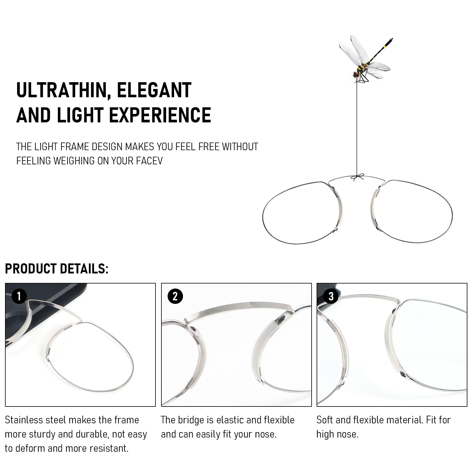 MMOWW Gafas de Lectura con Estuche Compacto Universal para Hombres y Mujeres, Monóculo Ultraligero de Ayuda a la Lectura Mini Clip Nasal Envoltura de Alambre sin Montura
