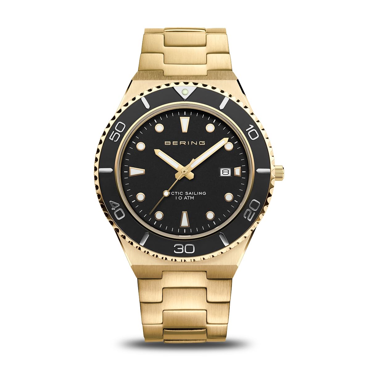 BERING Herren Quarz Uhr | Armbanduhr 43 mm goldenes Edelstahlgehäuse und schwarzes Zifferblatt | Edelstahlband mit Edelstahlelementen | 10 ATM | 18940-732